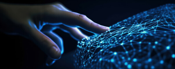 hand touching artificial mesh of blue connections. blue lighting illuminating the hand. modern technology concept wallpaper. Generative AI