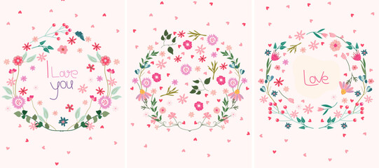 Fascinating vector illustration of a floral wreath with the word love, for use in card templates, home accents, posters and apparel design. Vector Illustration.