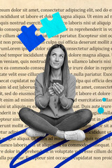Creative artwork of young minded woman sitting hold smartphone play video game puzzles connected...