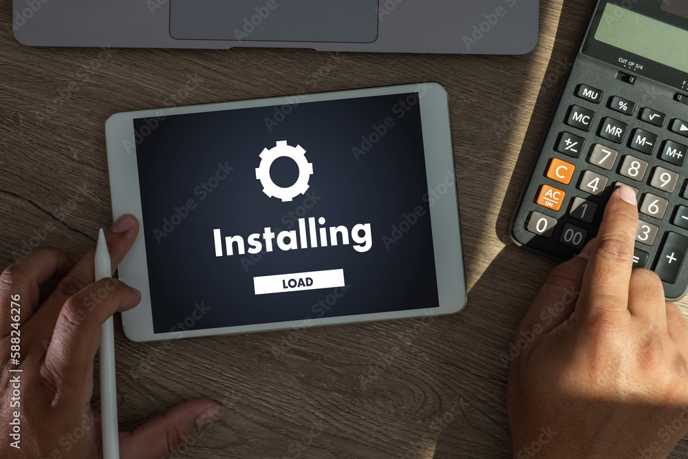 Poster man installing software update on mobile phone and laptop digital technology communication