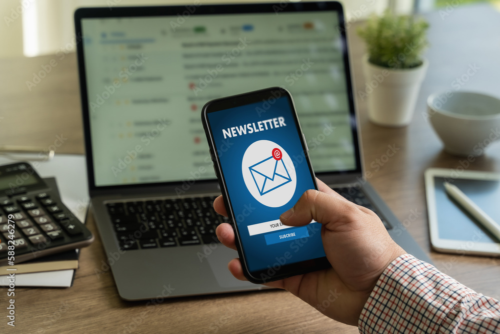 Poster man signup page subscribe newsletter concept on tablet and smartphone screen on mobile
