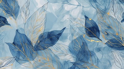  Blue Watercolor background, golden line leaves drawn by brush, luxury wallpaper hand painted, generative AI tools 