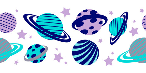 Set of colorful planets and stars on a white background. Seamless border. Cartoon vector illustration for decorative, school stationery design, textile. © OLESIA