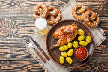 Grilled half chicken with boiled potatoes and tomato sauce served with beer and pretzel closeup on the wooden table. Horizontal top view from above