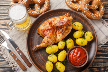 Traditional bavarian dish roast half chicken with boiled potatoes and tomato sauce served with beer and pretzel closeup on the wooden table. Horizontal top view from above