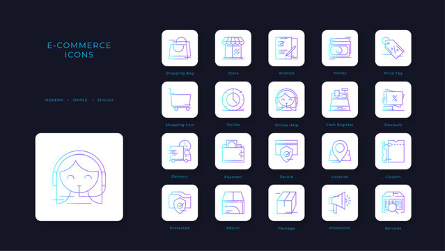 E-Commers icons collection with blue duotone style. technology, business, digital, media, shop, mobile, commerce. Vector illustration