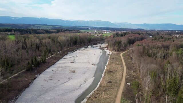 The beautifully renaturalized river Emme between Utzenstorf and B&auml;tterkinden at the gateway to the Emmental in the canton of Bern - Switzerland by air