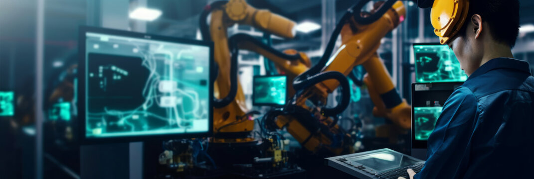 In intelligent factory for automotive & industrial sectors, welding robotics automatic arms machines are under engineer control & monitoring. Industry 4.0 digital manufacturing operation Generative AI