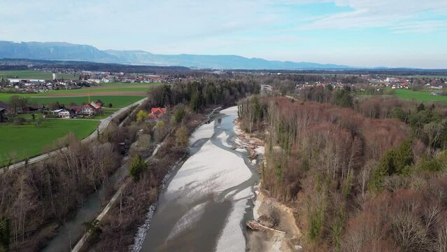 The beautifully renaturalized river Emme between Utzenstorf and B&auml;tterkinden at the gateway to the Emmental in the canton of Bern - Switzerland by air