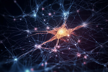 Conceptual illustration of neuron cells with glowing link knots.  Generative ai