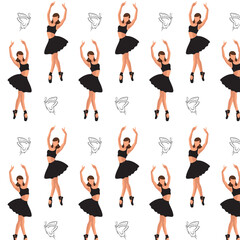 Seamless pattern of a faceless dancing ballerina silhouette with the butterfly on white background