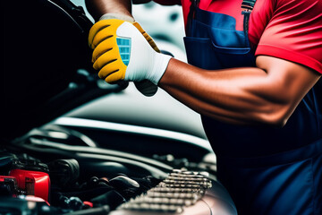 Mechanic using wrench while working on car engine