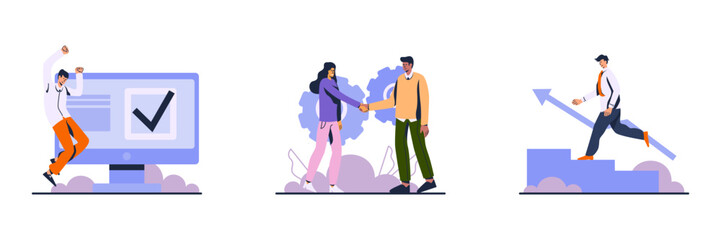 Fototapeta premium Set of cartoon characters of young people celebrating success at work. Support and teamwork. Career goal achievement. Getting promotion at work. Vector