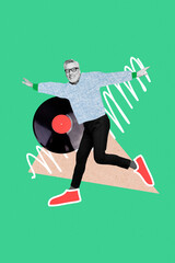 Vertical photo collage artwork of funny positive satisfied man dancing flying listening music playlist isolated drawing background