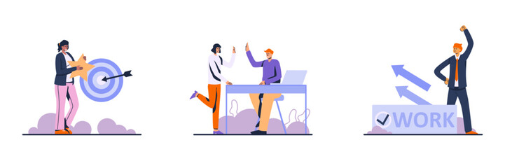 Set of colored cartoon characters of employees at work. Support and teamwork. Career goal achievement. Happy business team. Colleagues rejoicing success. Vector