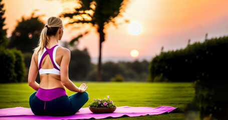 Girl meditating in the garden by the sunset. Women in lotus position doing yoga in the park. Body consious slim girl in the nature.