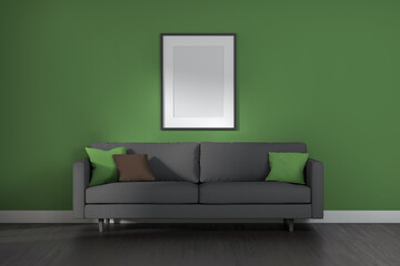 Living room interior with gray sofa, pillows, green plaid and frame on green wall background
