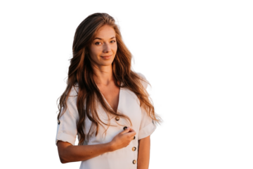 Gorgeous blonde caucasian young woman in white dress standing against transparent background looks at camera. Leisure activities, journey. Beautiful Italian girl enjoying vacation. Sunset, adventure.