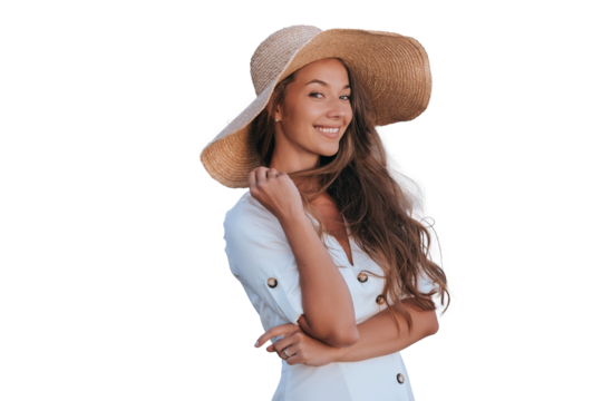 Cheerful European young woman in straw hat and white dress against transparent background enjoying vacation on seaside. Playful caucasian girl looks at camera toothy smiles. Rest, leisure activities