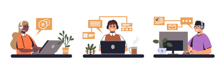 Set of cartoon characters working as hotline operator advisers. Customer support department staff. Online technical support. Professional telemarketing agents. Vector