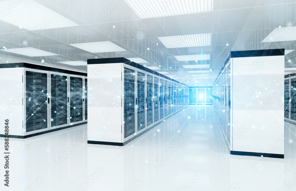 Fototapete Connection network in servers data center room storage systems 3D rendering