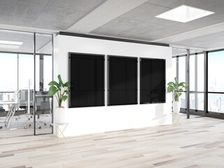Fototapeta na wymiar Three vertical frames Mockup hanging on wall. Mock up of billboards in modern wooden office interior 3D rendering