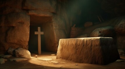 Empty tomb and cross in cave