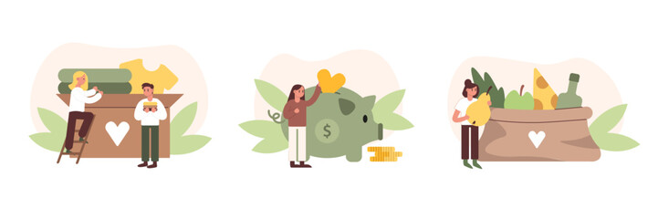 Set of cartoon characters collecting clothes, money and food for donations. Voluntary altruistic activity. Charity and financial support. Humanitarian aid organization. Vector