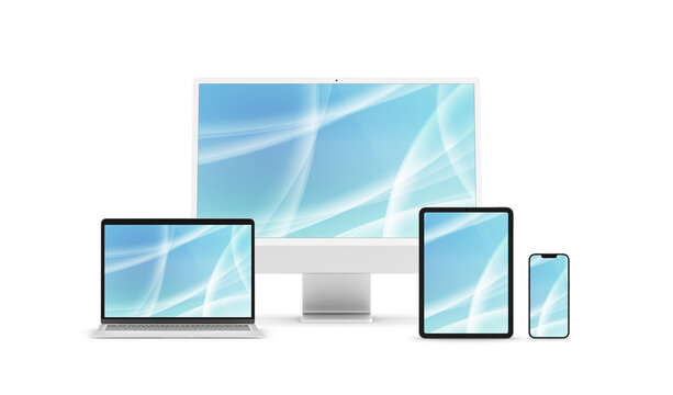 PARIS - France - April 28, 2022: Newly released Apple devices, Imac 24 desktop computer, Iphone 13 pro max mobile, Macbook laptop, Ipad tablet- 3d realistic rendering screen mockup on white