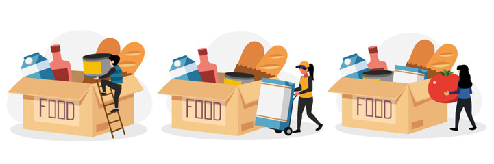 Set of cartoon characters packing food as donations. Humanitarian aid organization. Grocery for needy and poor people. Preparing boxes for charity. Vector