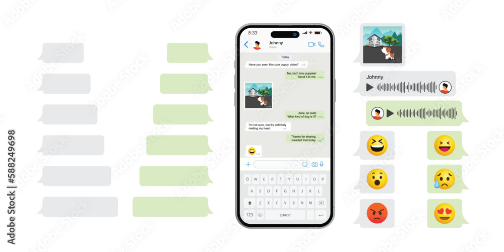 Poster social messenger ui design. smart phone with messenger chat screen and voice wave. sms template bubb