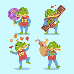 Obraz na płótnie Canvas The cartoon characters of a crocodile bring chocolate candy ice cream and lollipops