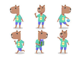 A set of cartoon character capybara wearing a shirt