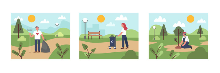 Set of colored cartoon characters gathering trash for recycling. Process of collecting rubbish in city park. Young volunteers taking care of environment. Vector