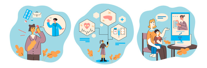 Group of cartoon characters getting online medical consultation. Doctors providing modern healthcare services using video calls. Distance communication with therapists. Vector