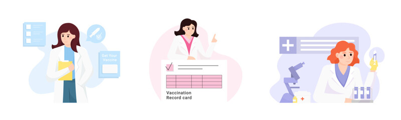 Set of different female cartoon characters making vaccines. Vaccination record card for people. Boosting immune system health. Flu, influenza or coronavirus protection. Vector