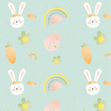 seamless pattern for easter with hare, carrot, egg, rainbow, flower on blue background