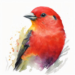 Beautiful Scarlet Tanager Bird Watercolour Portrait