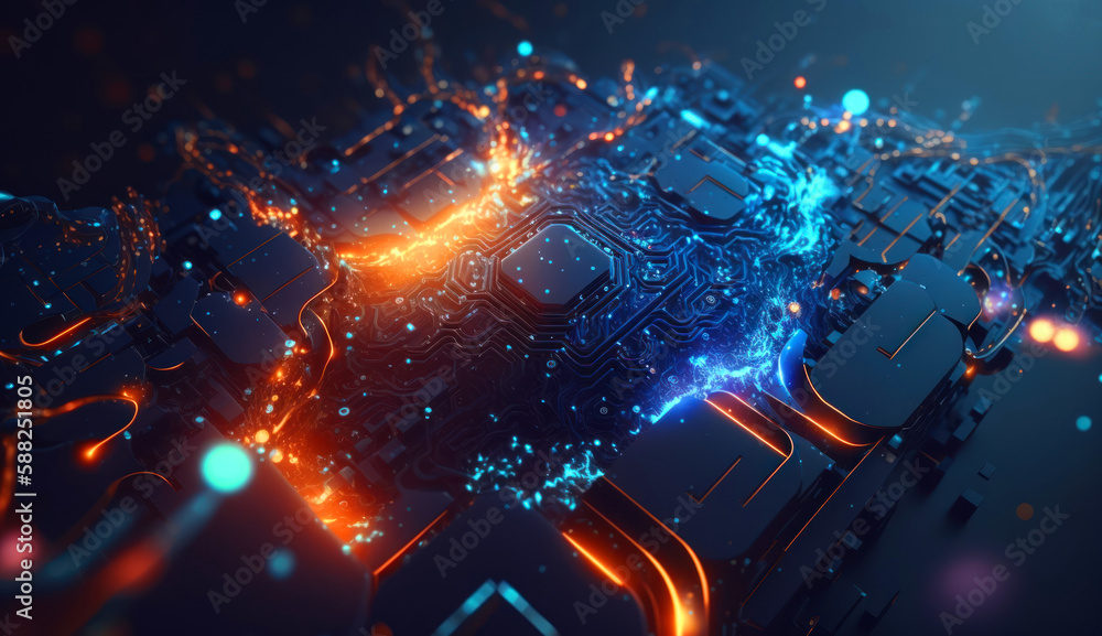 Aufkleber abstract circuit panoramic view of a colorful dark blue nebula in space. generative ai