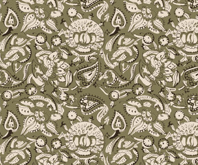 Hand drawn floral paisley seamless print in block print style vector