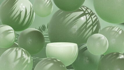 Empty spherical podium surrounded by floating balls. Green summer background for product presentation. Sunlight and falling shadows from the foliage.