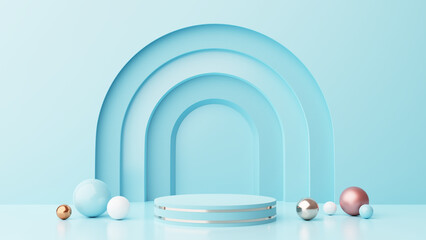 Minimalistic background for product presentation. Round podium, arches and spheres, blue color. 3d render illustration.