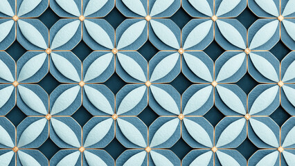 Abstract geometric beautiful pattern background. Shiny ceramic blue tiles with golden elements. 3d render illustration.