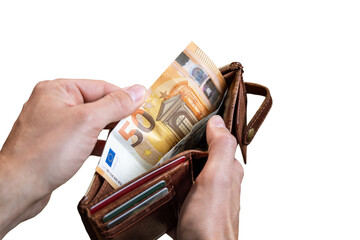 Euro banknotes inside a wallet on isolated background