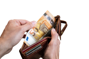 Euro banknotes inside a wallet on isolated background