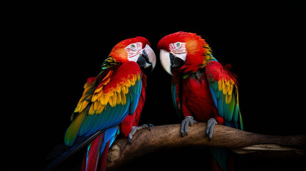 Naklejka na ściany i meble Isolated Scarlet Macaw A Colorful Two Parrots On Black Background, Generative Ai