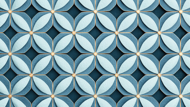 Abstract geometric beautiful pattern background. Shiny ceramic blue tiles with golden elements. 3d render illustration.