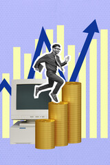 Vertical collage picture of mini black white gamma excited guy hold laptop jump run climb big pile...