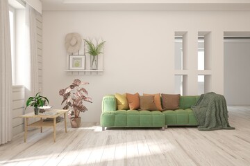 White living room with sofa. Scandinavian interior design. 3D illustration