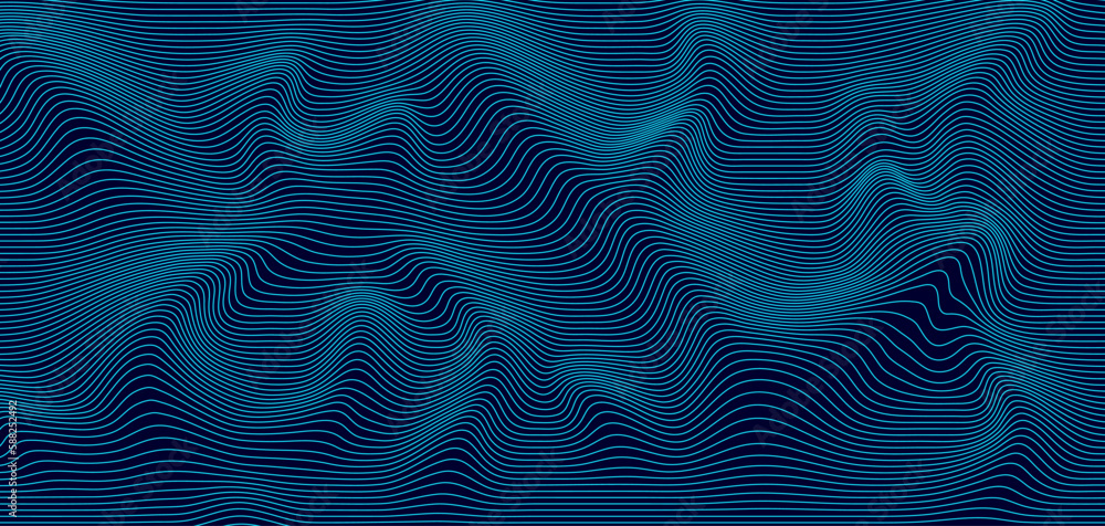 Poster abstract wavy 3d mesh on a blue background. geometric dynamic wave. 3d technology wireframe. vector 